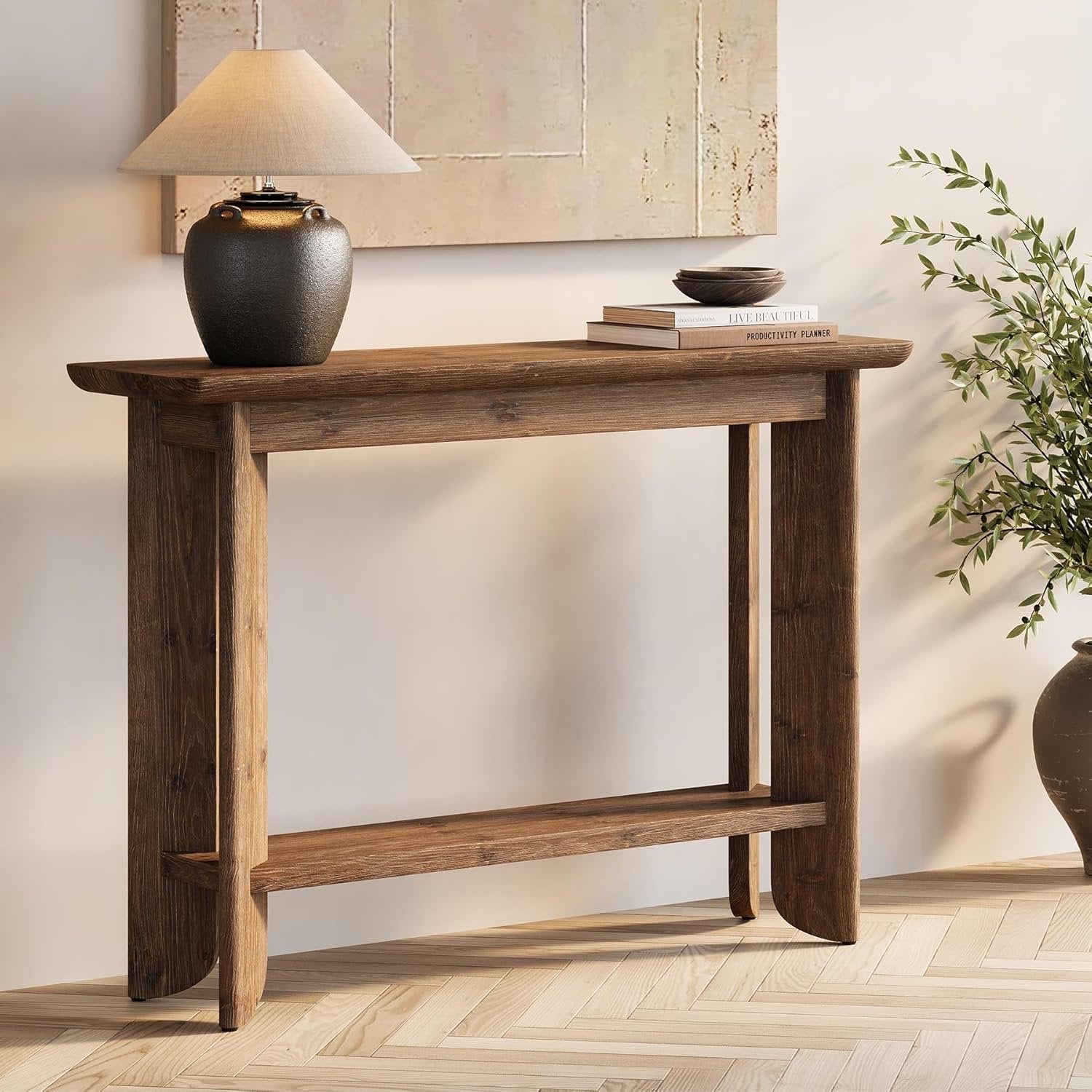 Mesa consola de 105 cm con almacenamiento, Mesa auxiliar de estilo rústico de 2 niveles para sala de estar, pasillo y recibidor