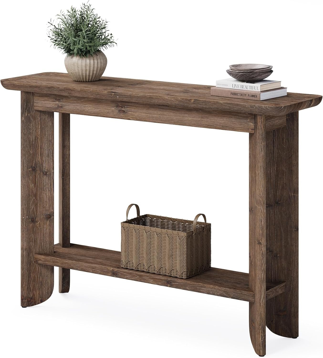 Mesa consola de 105 cm con almacenamiento, Mesa auxiliar de estilo rústico de 2 niveles para sala de estar, pasillo y recibidor
