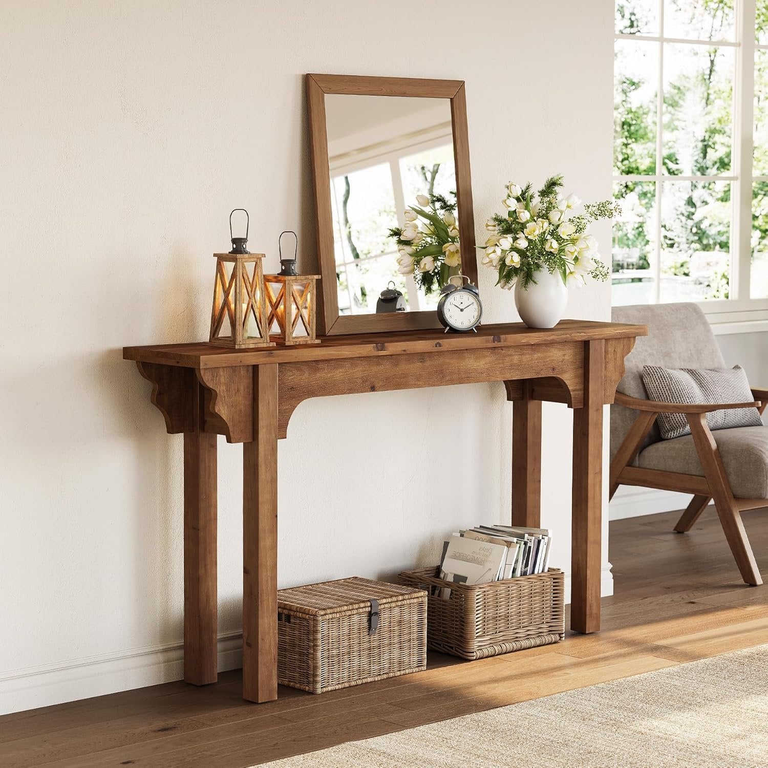 Mesa consola de madera maciza con un diseño lateral único, Mesa de entrada rústica para sala de estar, pasillo o recibidor