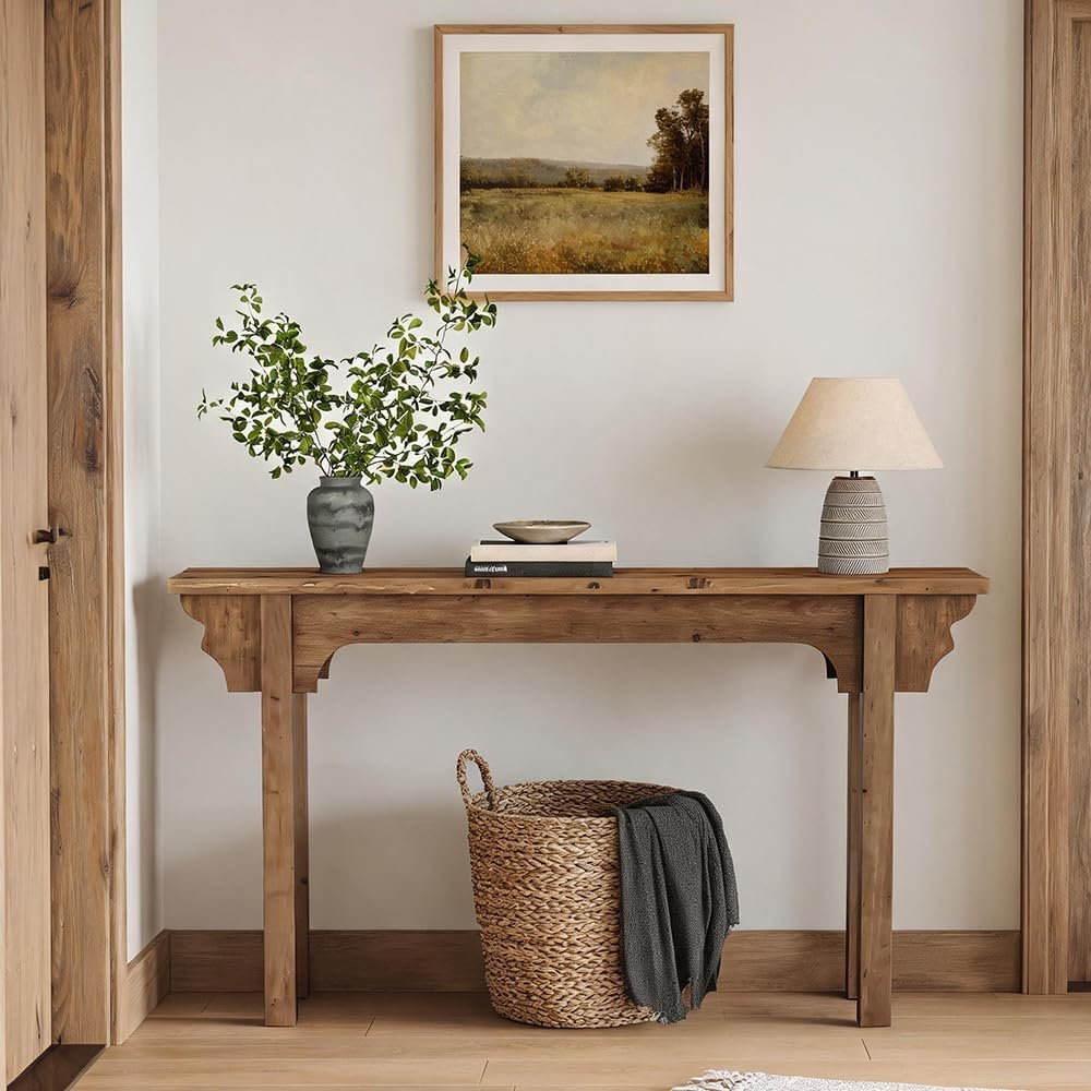 Mesa consola de madera maciza con un diseño lateral único, Mesa de entrada rústica para sala de estar, pasillo o recibidor