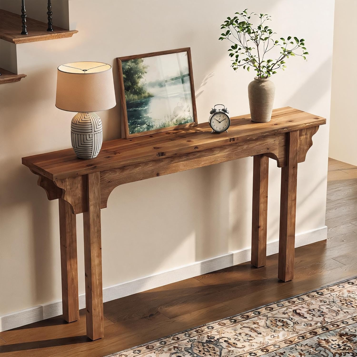 Mesa consola de madera maciza con un diseño lateral único, Mesa de entrada rústica para sala de estar, pasillo o recibidor