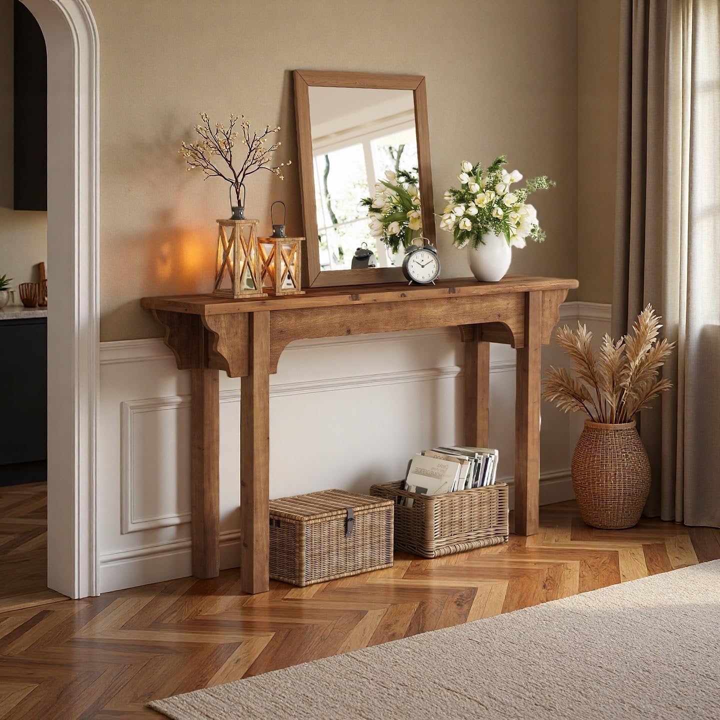 Mesa consola de madera maciza con un diseño lateral único, Mesa de entrada rústica para sala de estar, pasillo o recibidor