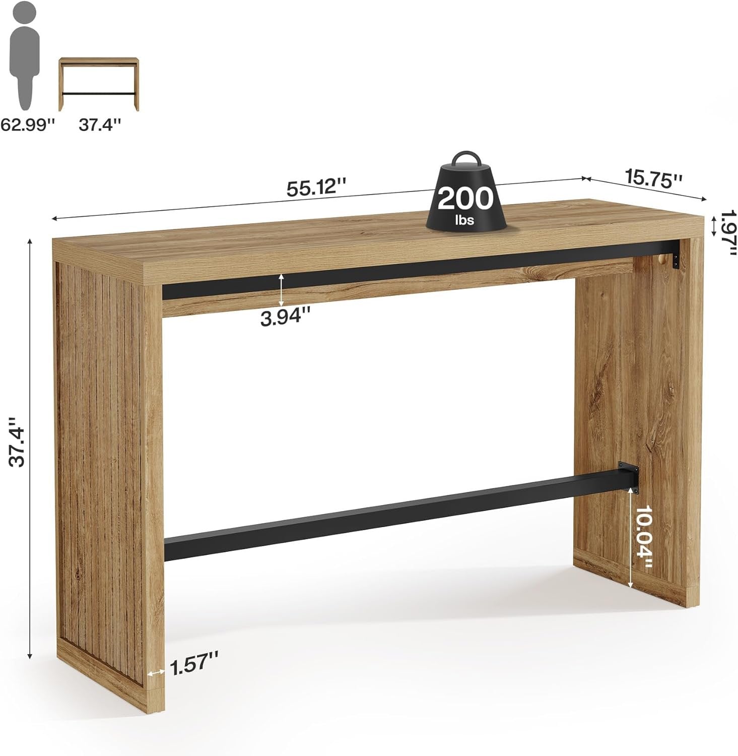 Tribesigns Mesa de bar 140 cm de altura de mostrador, Mesa de pub con reposapiés de metal, rectangular