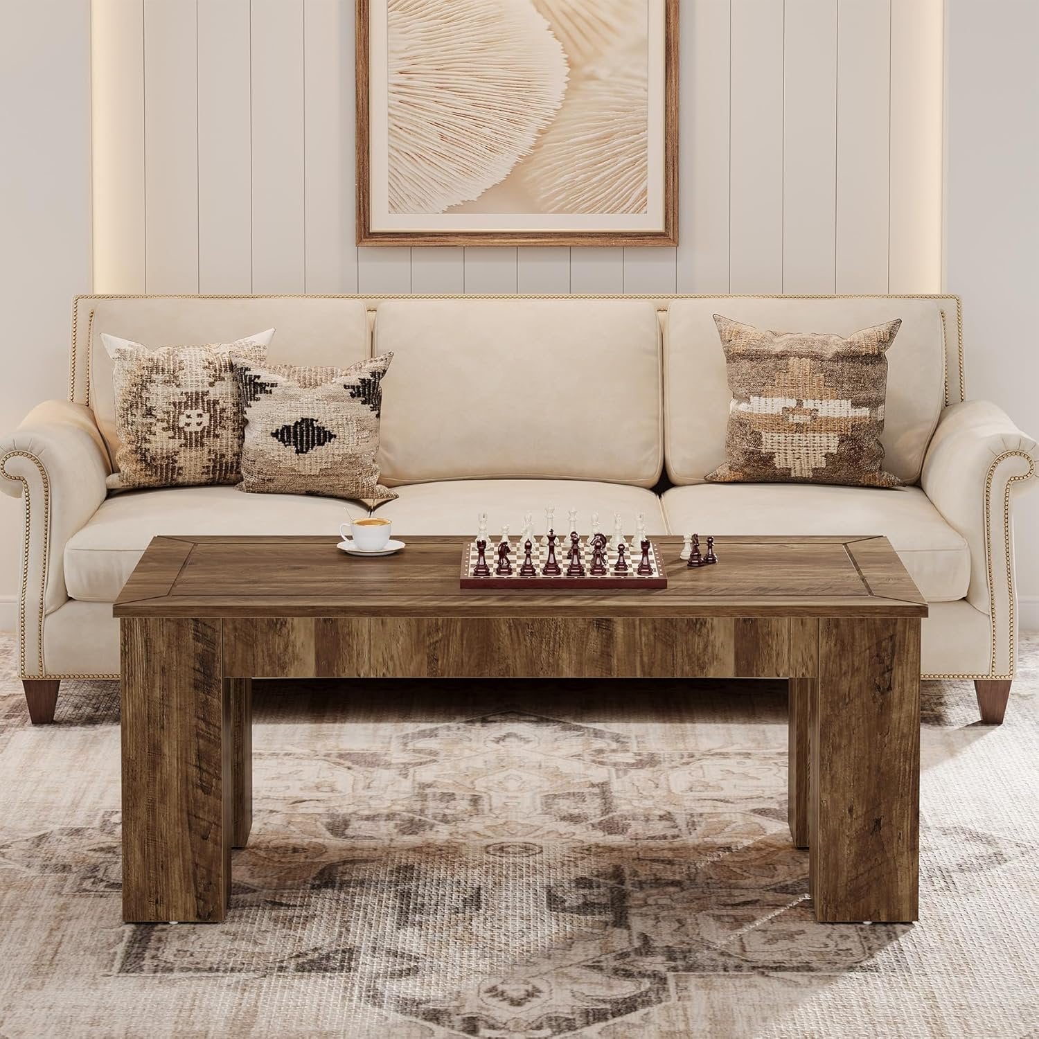 Tribesigns Mesa de centro rectangular para salón 120 cm, Estilo rústico de madera con patas robustas