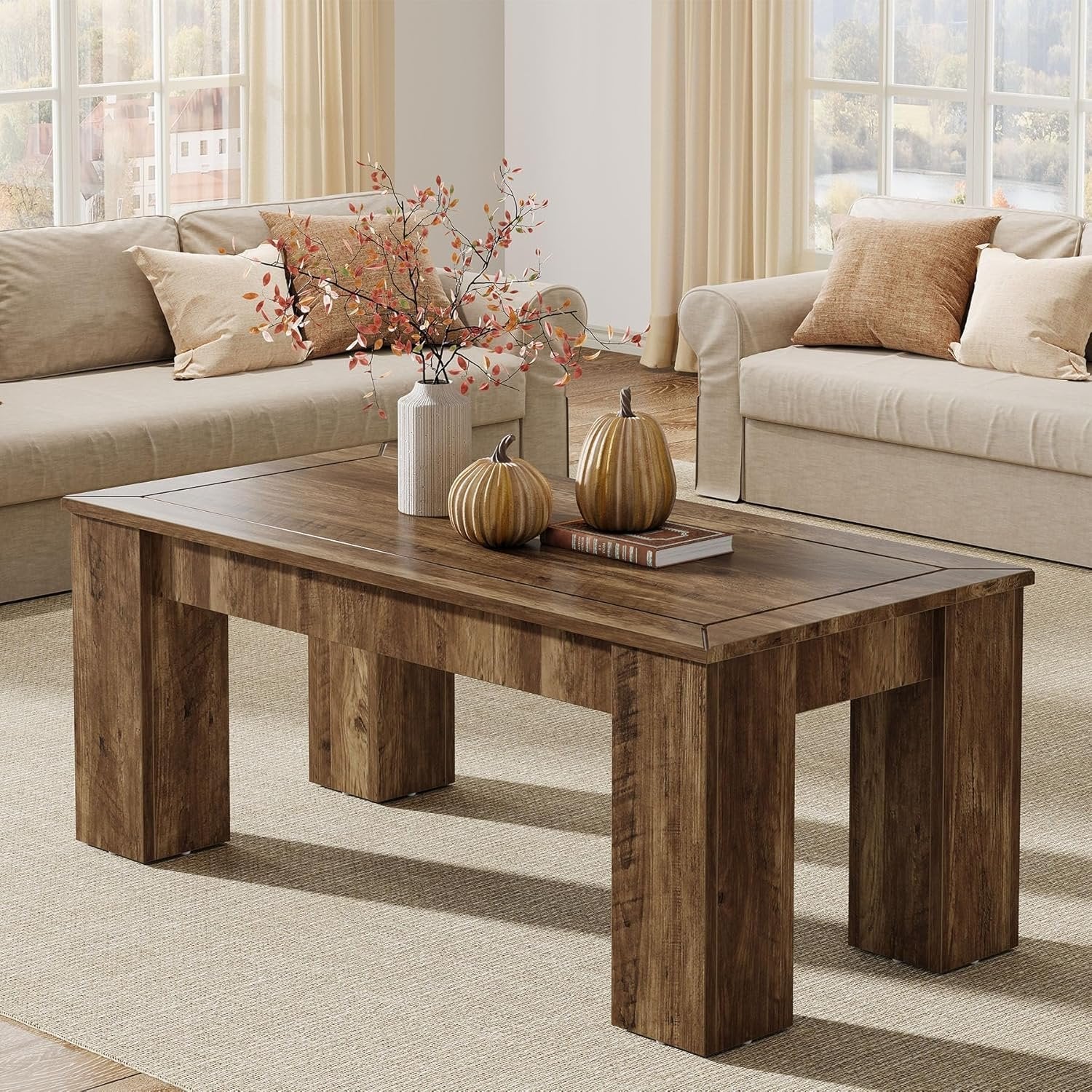 Tribesigns Mesa de centro rectangular para salón 120 cm, Estilo rústico de madera con patas robustas