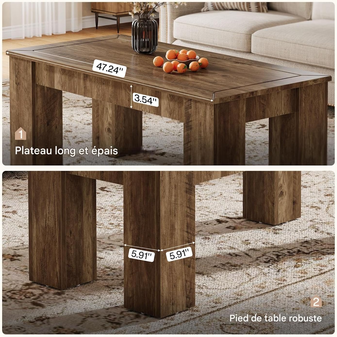 Tribesigns Mesa de centro rectangular para salón 120 cm, Estilo rústico de madera con patas robustas