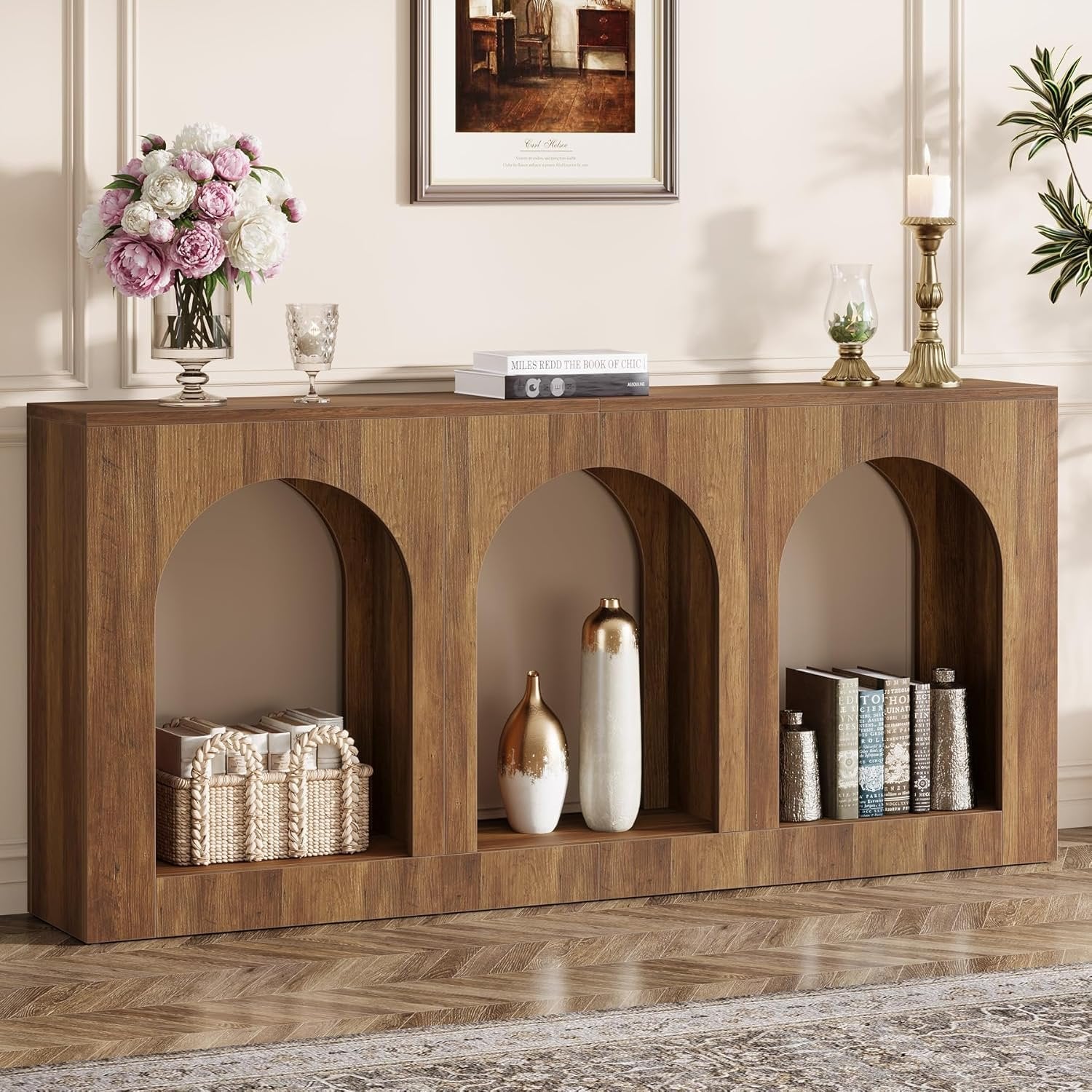 Consola de 160 cm mesa estrecha de madera con 3 estantes arqueados, Mesa de centro detrás del sofá