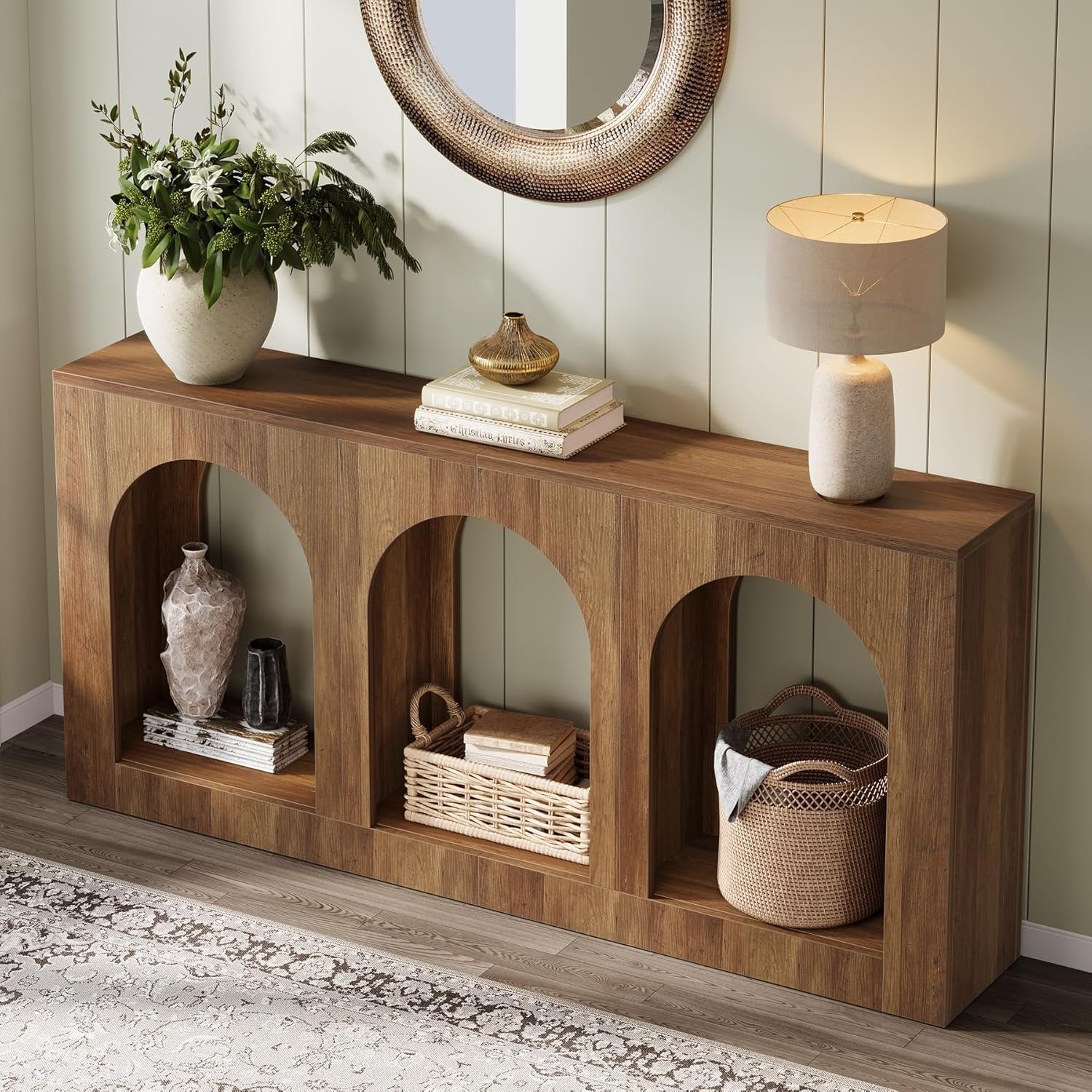 Consola de 160 cm mesa estrecha de madera con 3 estantes arqueados, Mesa de centro detrás del sofá
