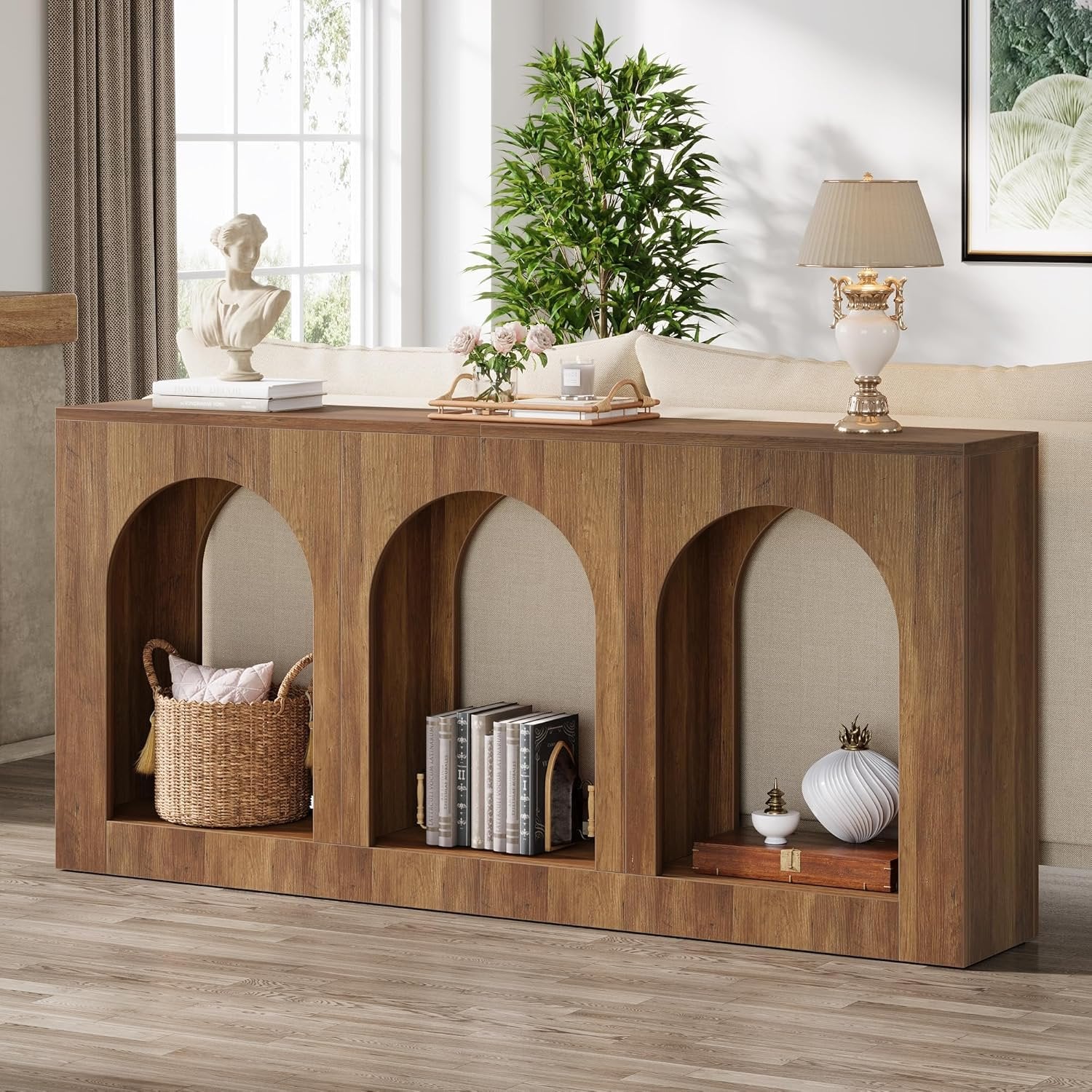 Consola de 160 cm mesa estrecha de madera con 3 estantes arqueados, Mesa de centro detrás del sofá