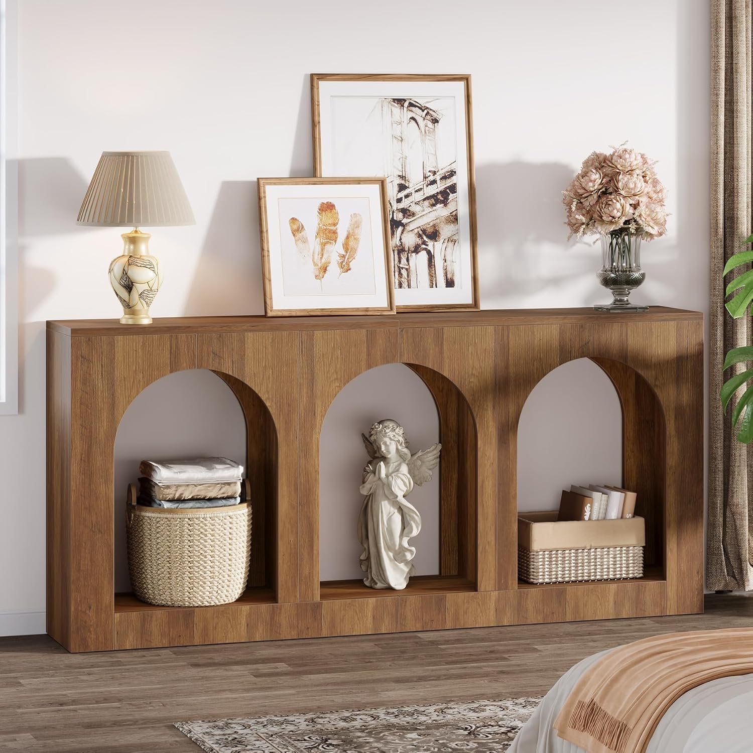 Consola de 160 cm mesa estrecha de madera con 3 estantes arqueados, Mesa de centro detrás del sofá