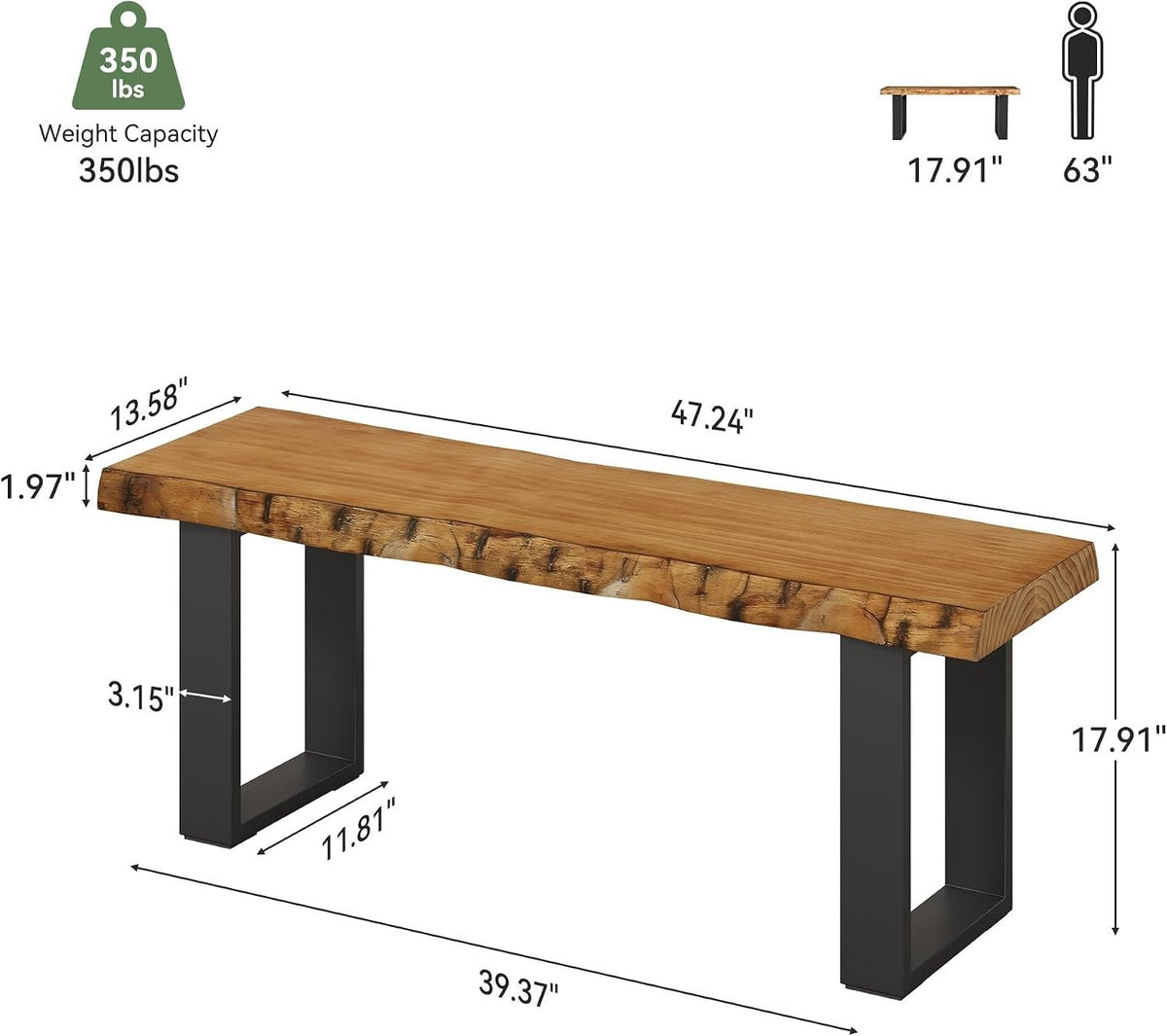 Tribesigns Banco de 120 cm de madera maciza, Banco de entrada con patas de metal banco zapatero para recibidor