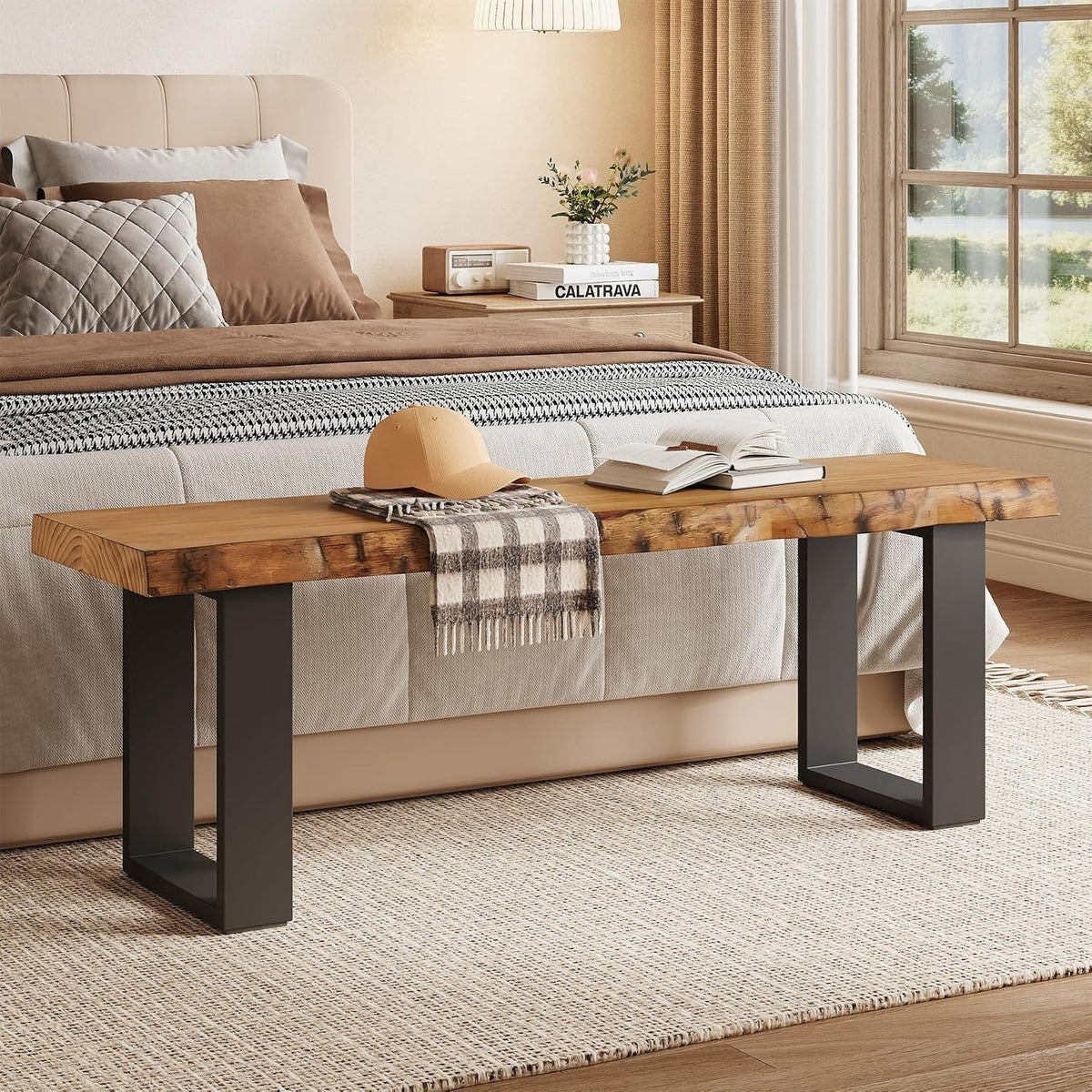Tribesigns Banco de 120 cm de madera maciza, Banco de entrada con patas de metal banco zapatero para recibidor