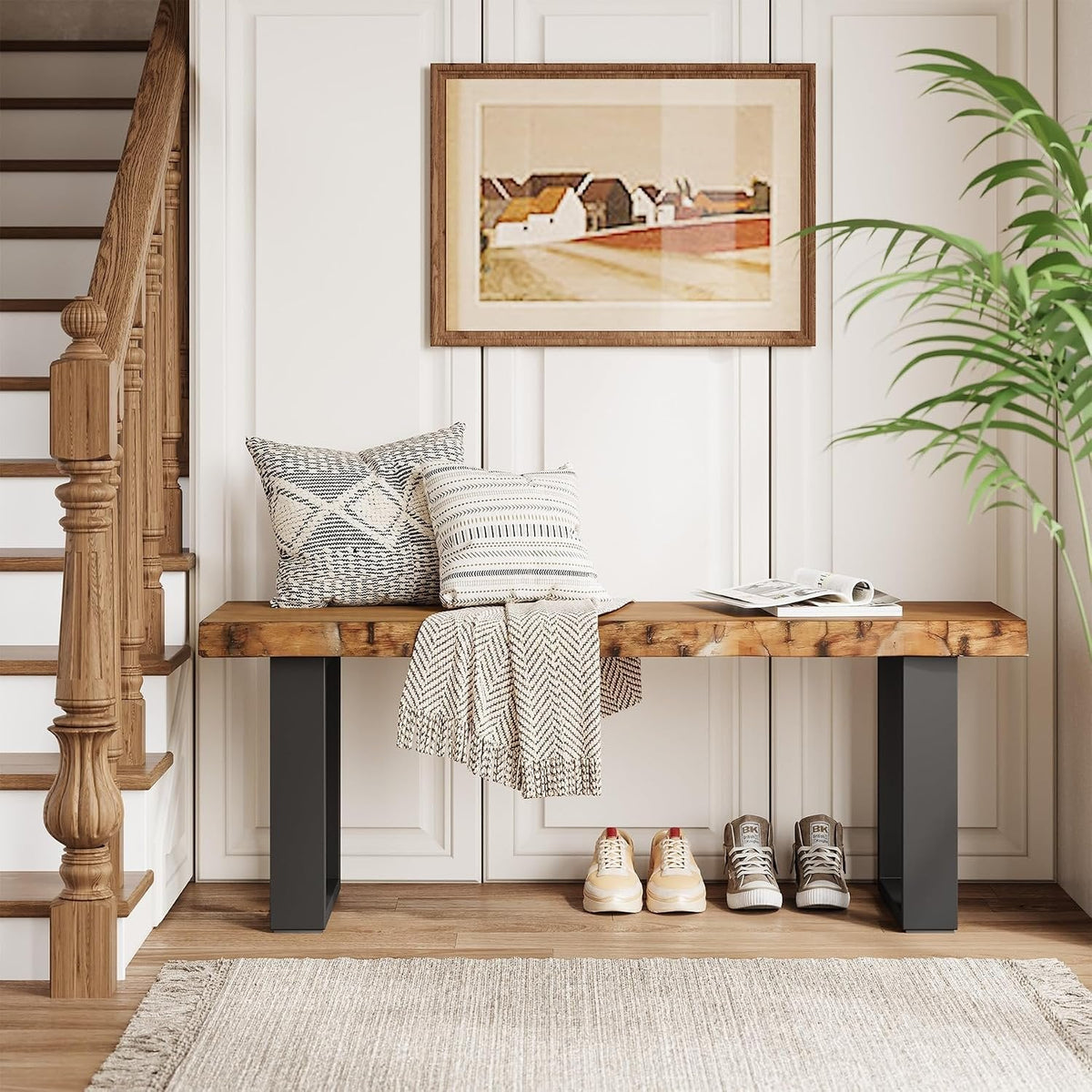 Tribesigns Banco de 120 cm de madera maciza, Banco de entrada con patas de metal banco zapatero para recibidor