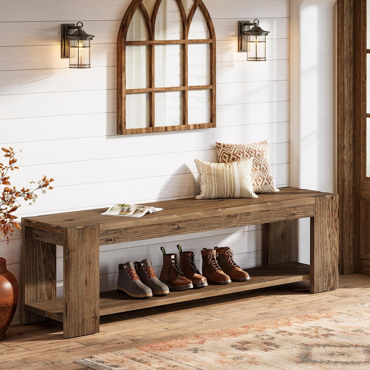 Banco de entrada de madera maciza con estante 140 cm, Banco zapatero de 2 niveles, ideal para la entrada, el pasillo, el dormitorio o el salón