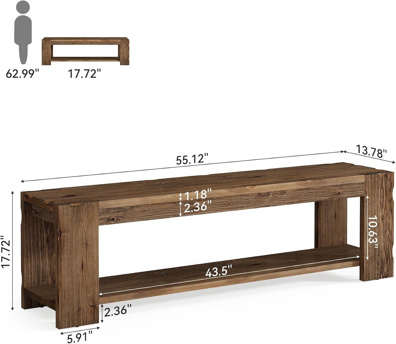Banco de entrada de madera maciza con estante 140 cm, Banco zapatero de 2 niveles, ideal para la entrada, el pasillo, el dormitorio o el salón