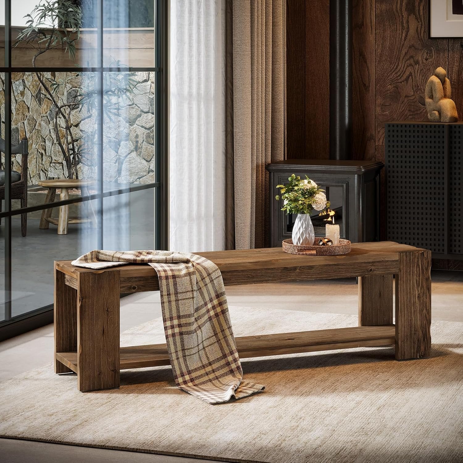 Banco de entrada de madera maciza con estante 140 cm, Banco zapatero de 2 niveles, ideal para la entrada, el pasillo, el dormitorio o el salón