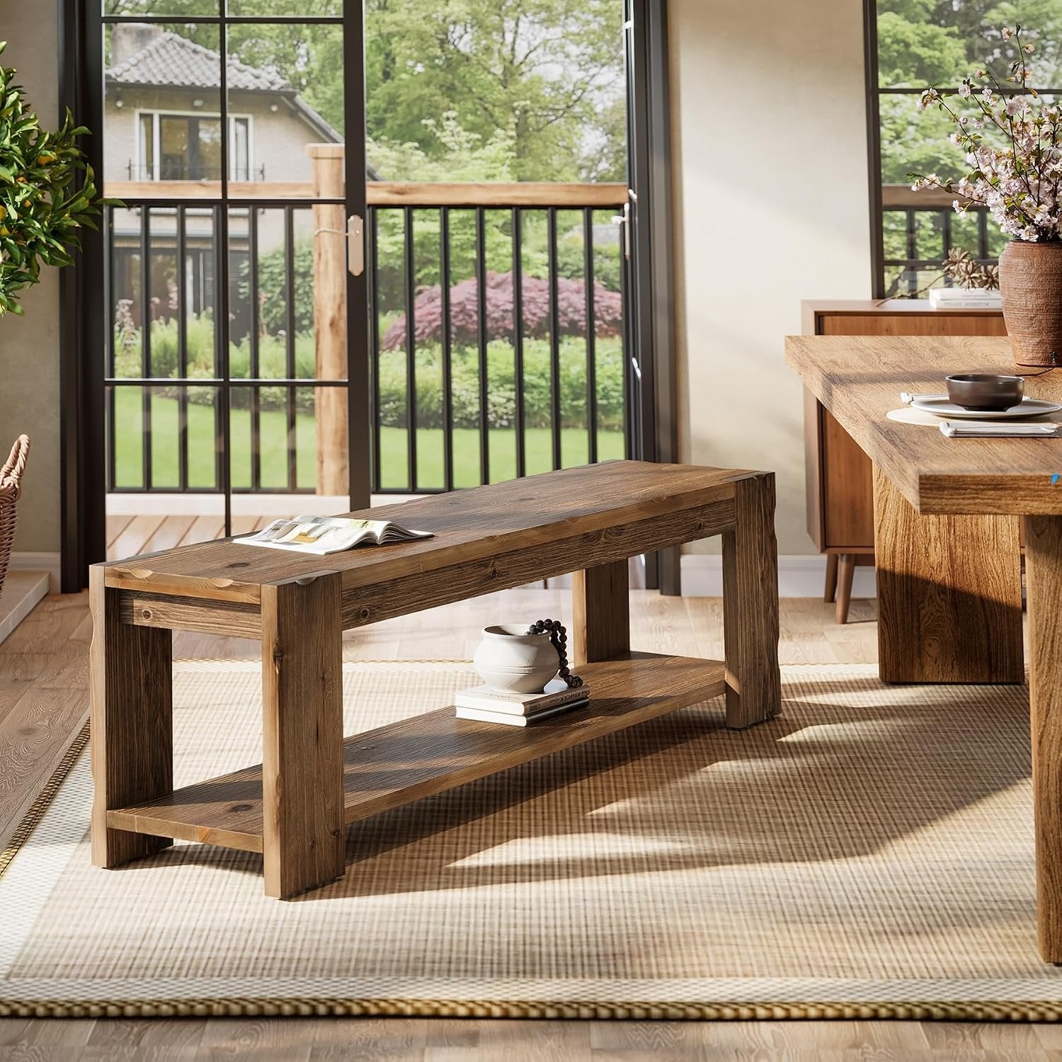 Banco de entrada de madera maciza con estante 140 cm, Banco zapatero de 2 niveles, ideal para la entrada, el pasillo, el dormitorio o el salón