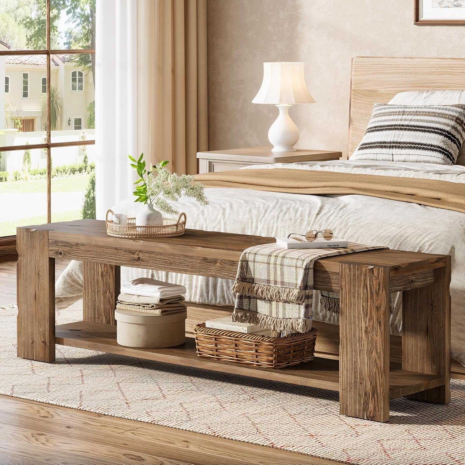Banco de entrada de madera maciza con estante 140 cm, Banco zapatero de 2 niveles, ideal para la entrada, el pasillo, el dormitorio o el salón