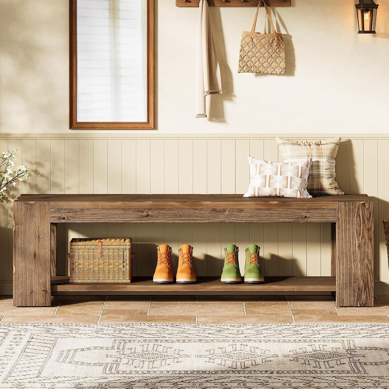 Banco de entrada de madera maciza con estante 140 cm, Banco zapatero de 2 niveles, ideal para la entrada, el pasillo, el dormitorio o el salón
