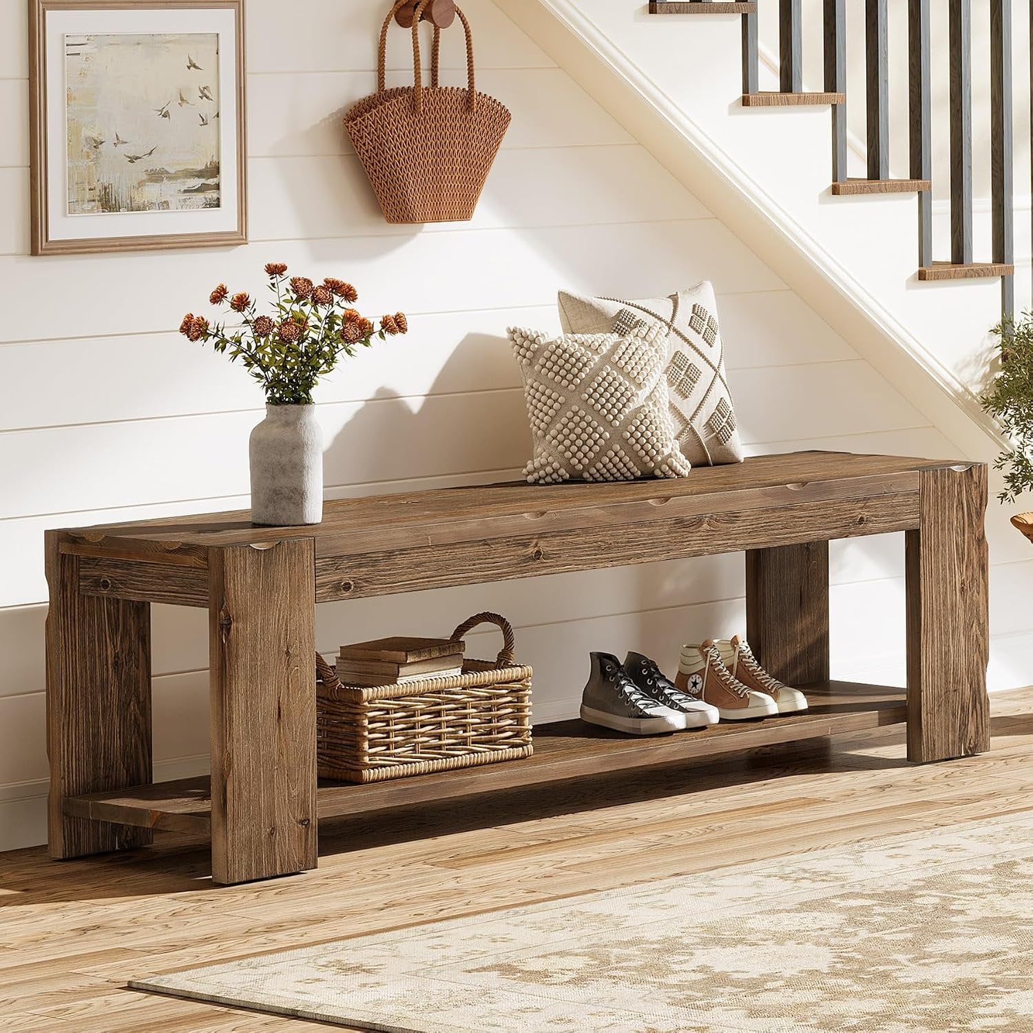 Banco de entrada de madera maciza con estante 140 cm, Banco zapatero de 2 niveles, ideal para la entrada, el pasillo, el dormitorio o el salón