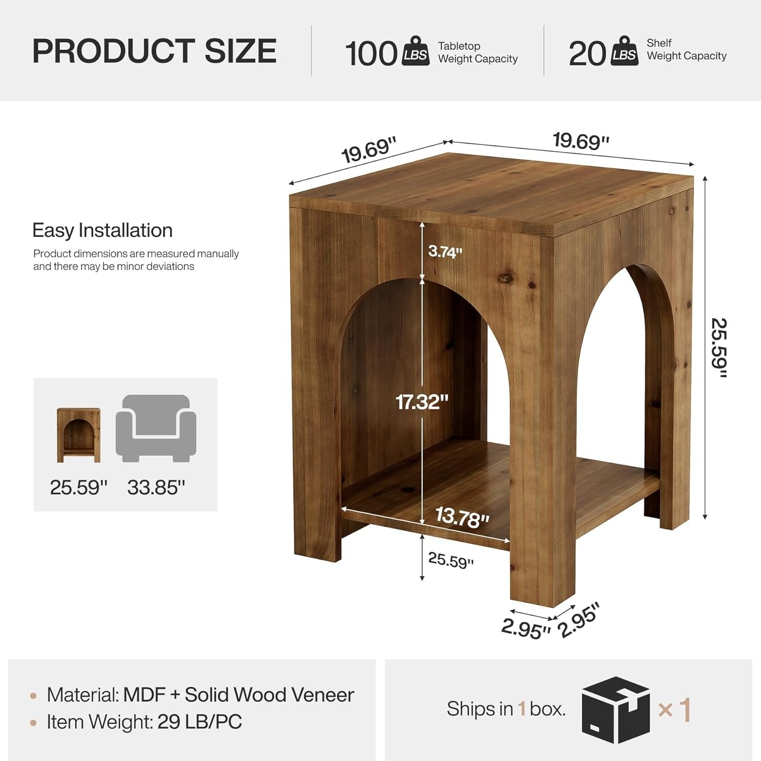 Tribesigns Mesa auxiliar de 2 niveles estilo rústico en madera maciza marrón cuadrada estilo rústico