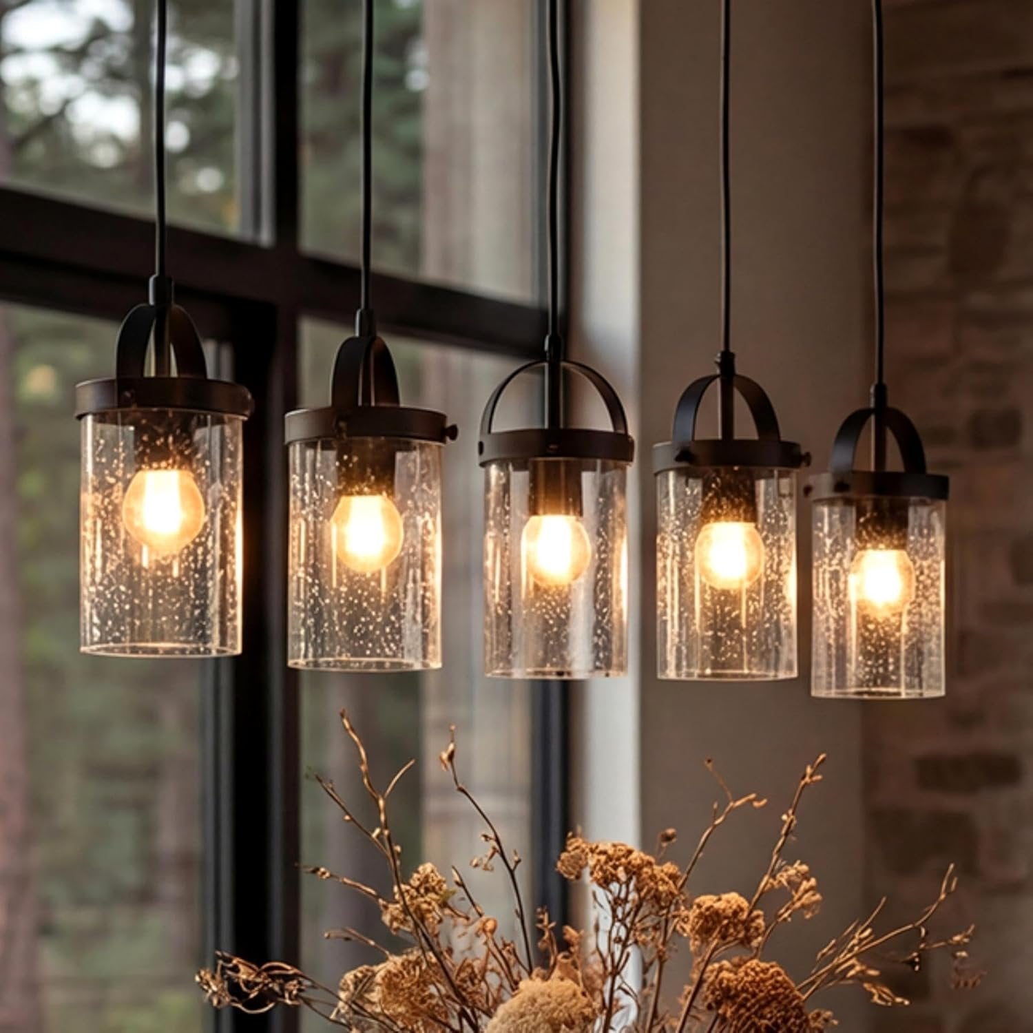 Lámpara de araña para techos altos de 5 luces con pantallas de vidrio, Lámpara colgante estilo granja
