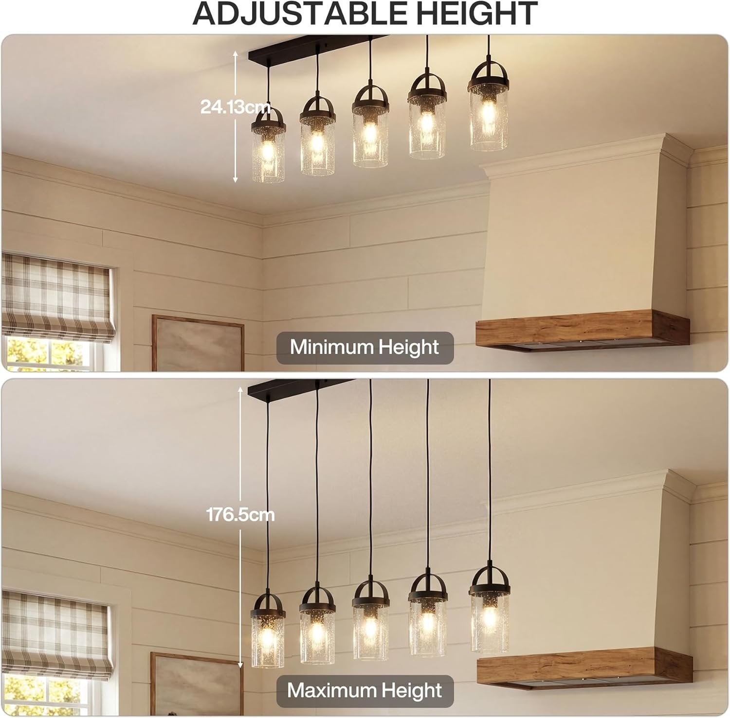 Lámpara de araña para techos altos de 5 luces con pantallas de vidrio, Lámpara colgante estilo granja