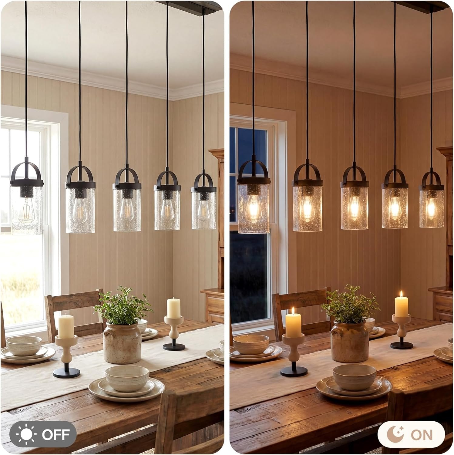 Lámpara de araña para techos altos de 5 luces con pantallas de vidrio, Lámpara colgante estilo granja