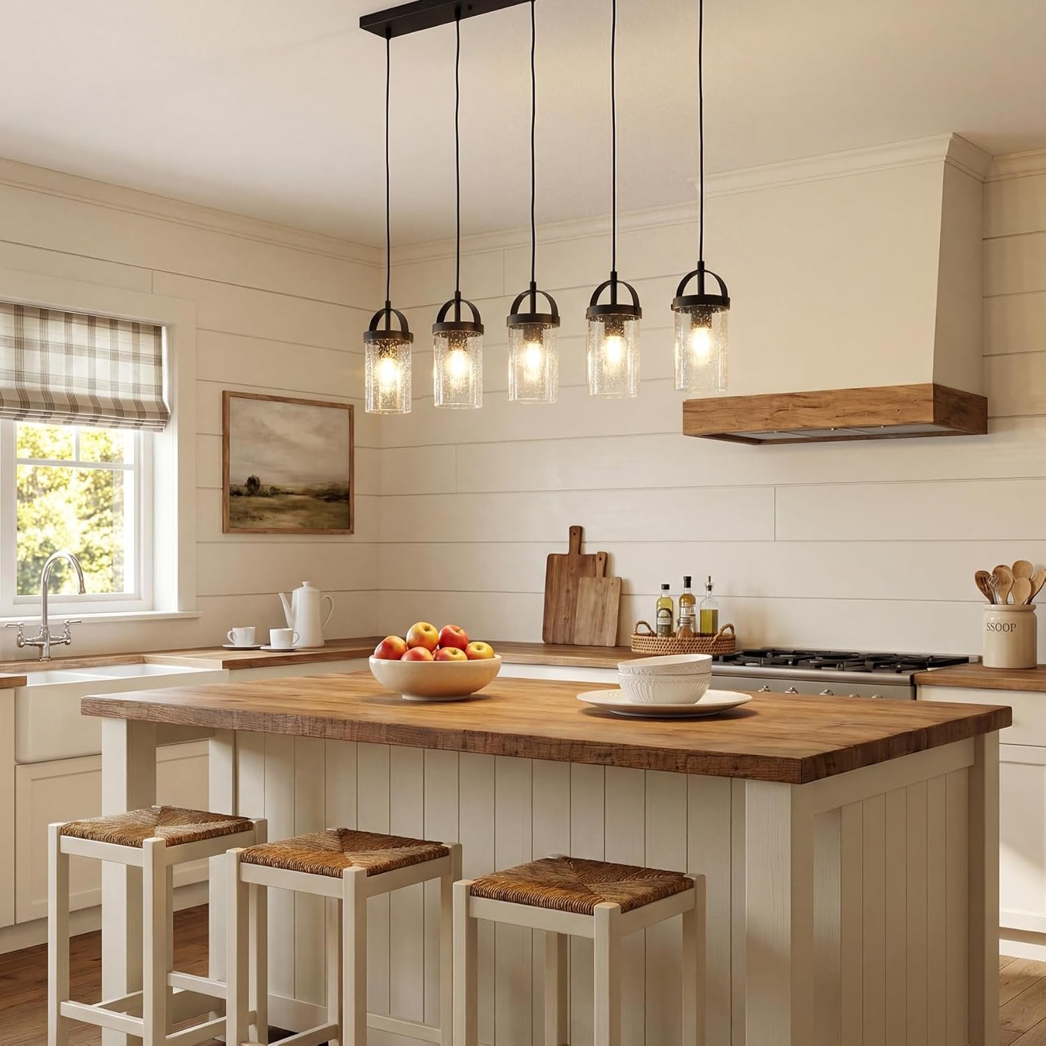 Lámpara de araña para techos altos de 5 luces con pantallas de vidrio, Lámpara colgante estilo granja