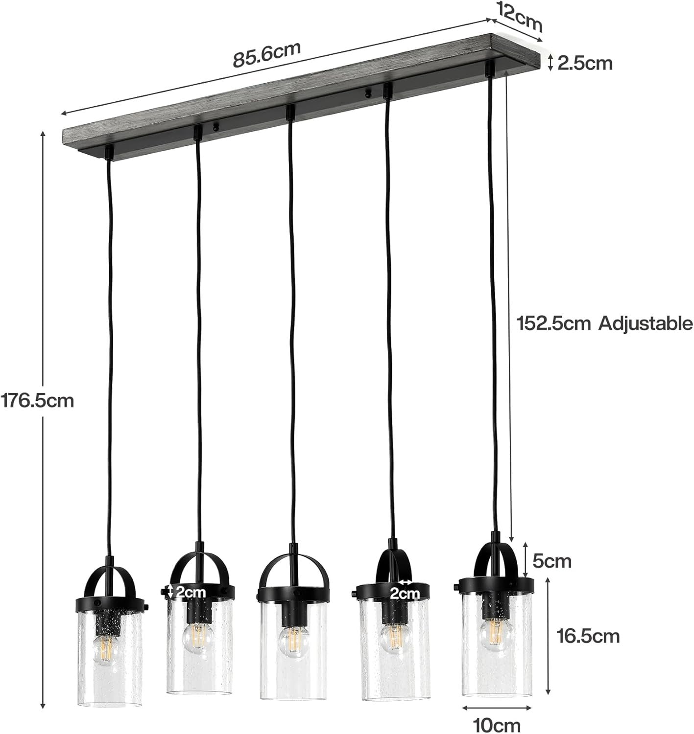 Lámpara de araña para techos altos de 5 luces con pantallas de vidrio, Lámpara colgante estilo granja