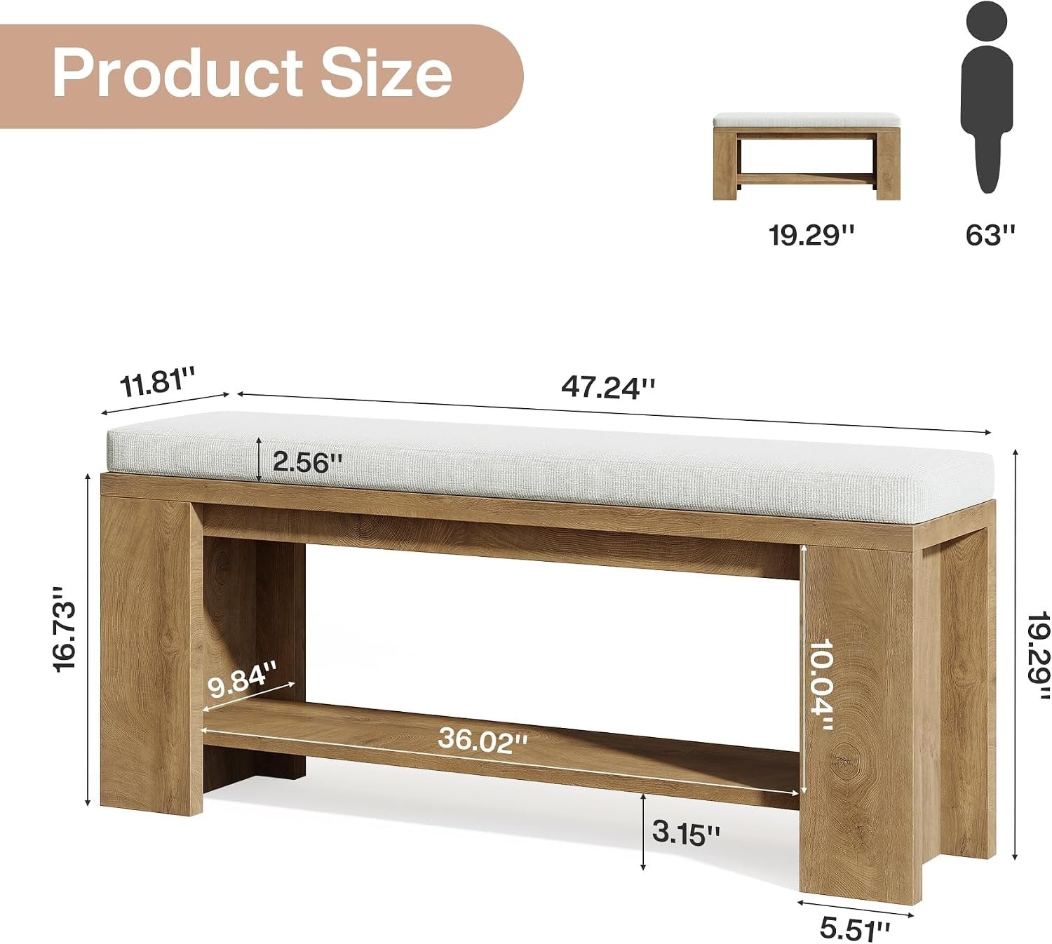 Tribesigns Banco tapizado para entrada 119 cm de largo, Estilo rústico con asiento tapizado y estructura de MDF