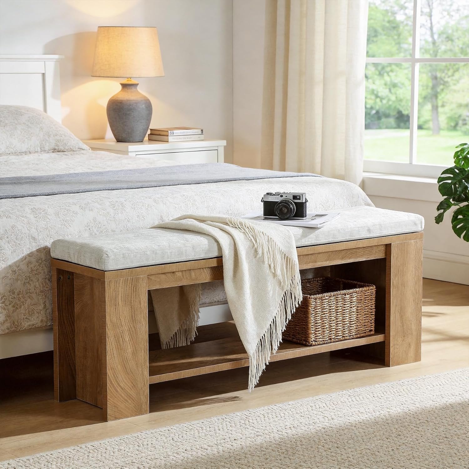Tribesigns Banco tapizado para entrada 119 cm de largo, Estilo rústico con asiento tapizado y estructura de MDF