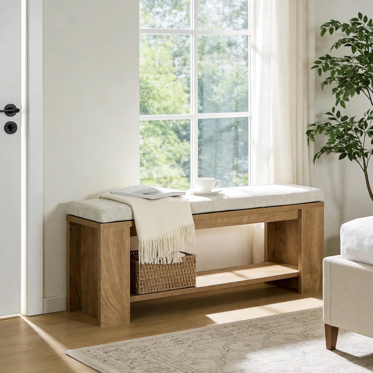 Tribesigns Banco tapizado para entrada 119 cm de largo, Estilo rústico con asiento tapizado y estructura de MDF