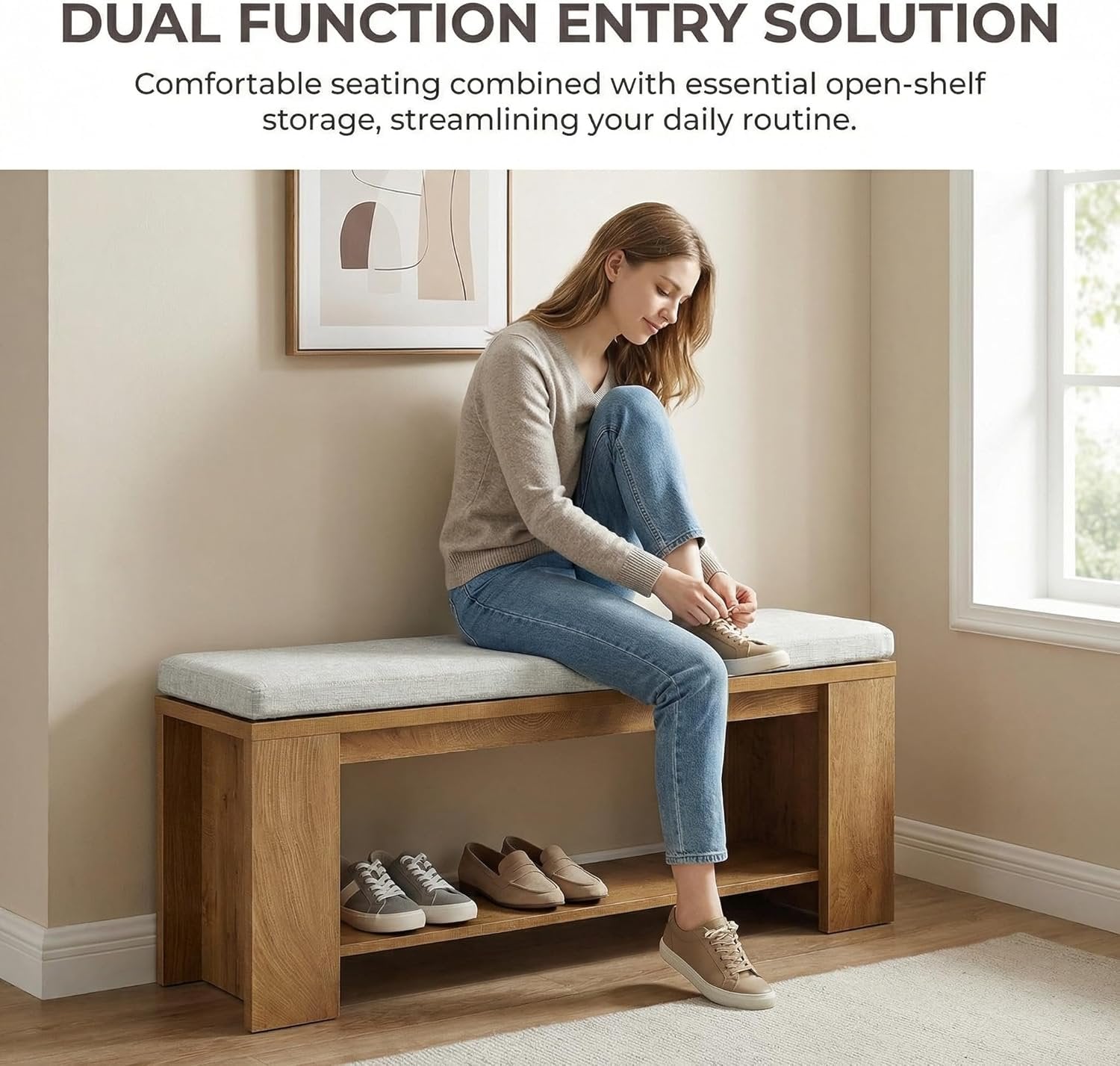 Tribesigns Banco tapizado para entrada 119 cm de largo, Estilo rústico con asiento tapizado y estructura de MDF