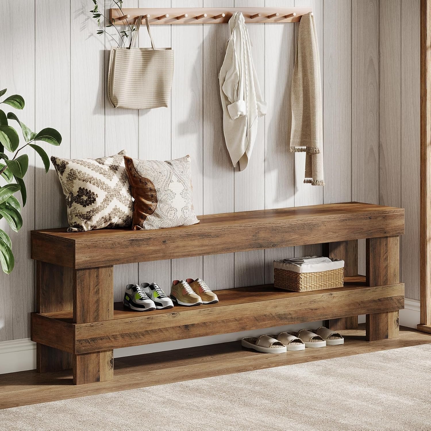 Tribesigns Banco de recibidor de madera maciza de 150 cm, Banco zapatero de 2 niveles con almacenamiento