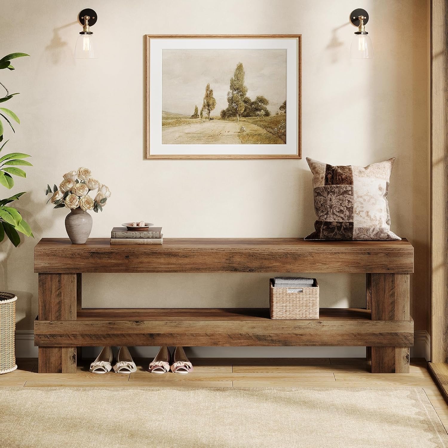 Tribesigns Banco de recibidor de madera maciza de 150 cm, Banco zapatero de 2 niveles con almacenamiento