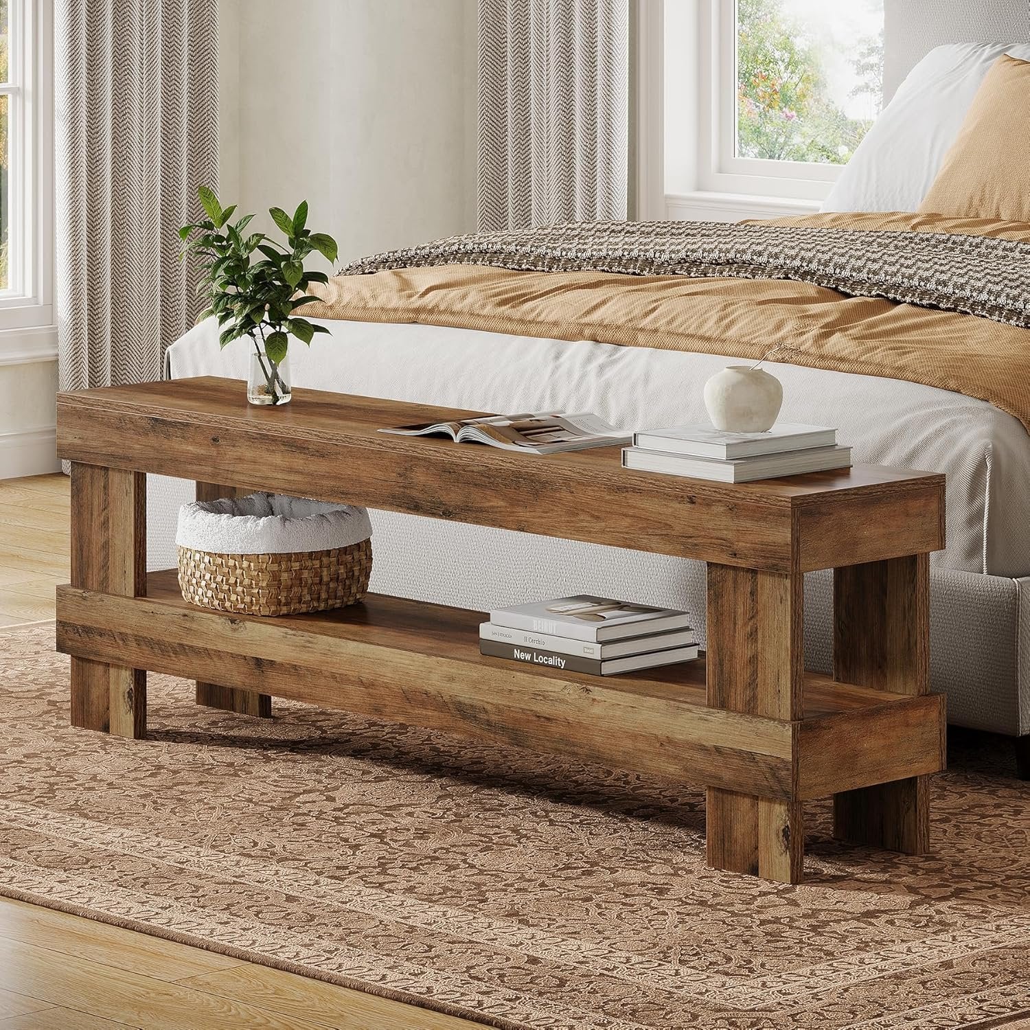 Tribesigns Banco de recibidor de madera maciza de 150 cm, Banco zapatero de 2 niveles con almacenamiento