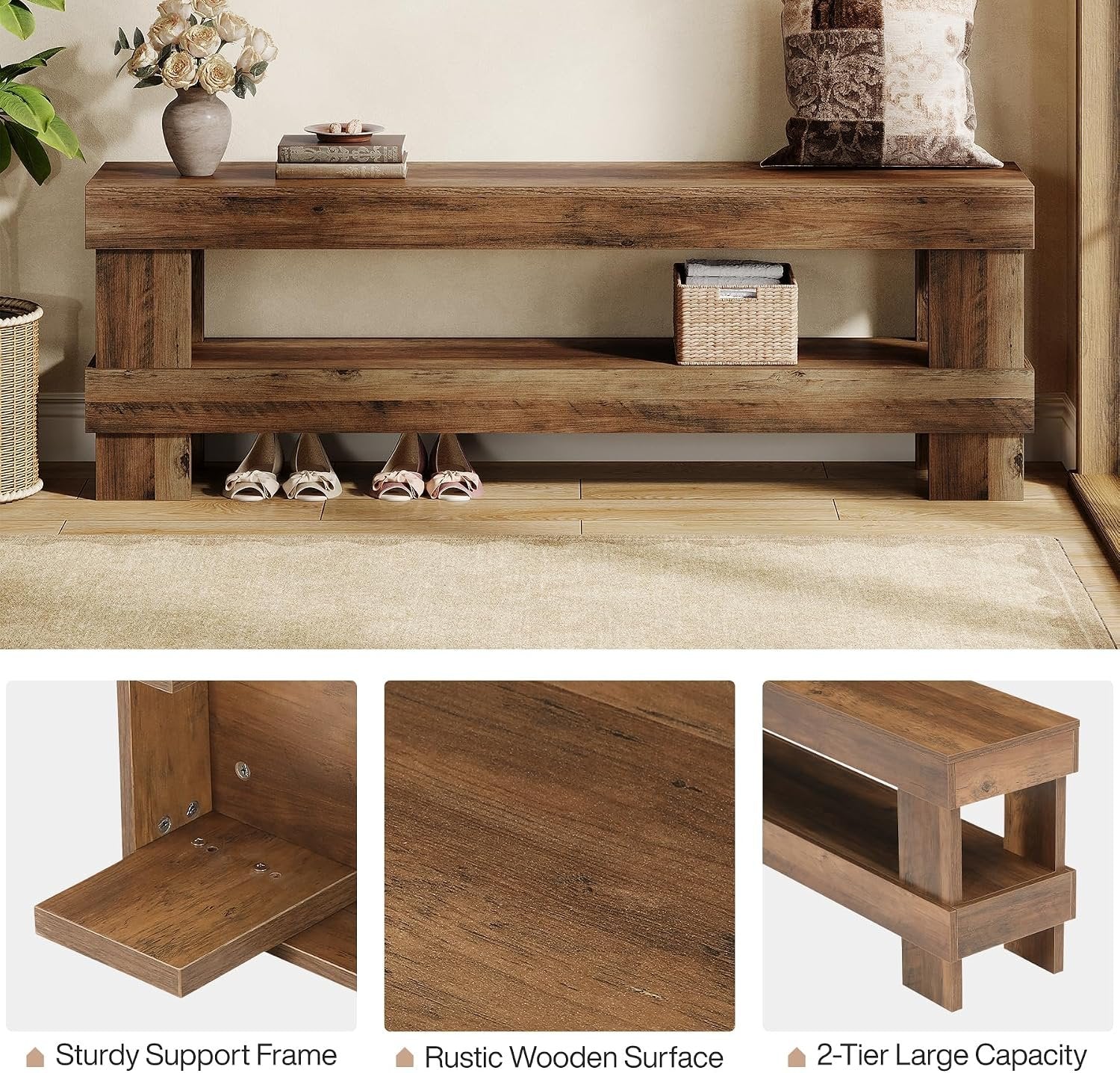 Tribesigns Banco de recibidor de madera maciza de 150 cm, Banco zapatero de 2 niveles con almacenamiento