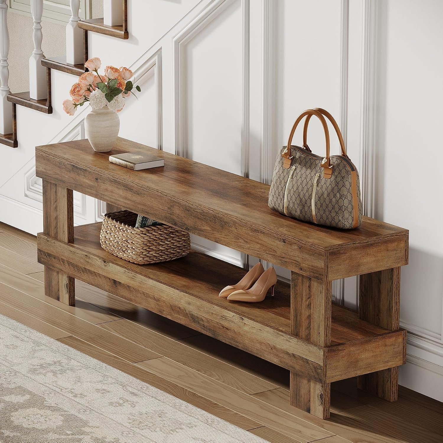 Tribesigns Banco de recibidor de madera maciza de 150 cm, Banco zapatero de 2 niveles con almacenamiento