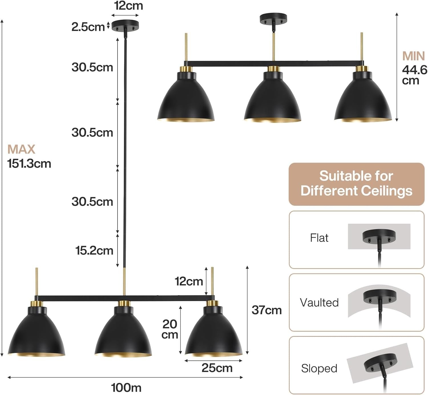 Lámpara colgante vintage de 3 luces para mesa de comedor, Lámpara colgante de estilo industrial en negro y dorado con varillas ajustables