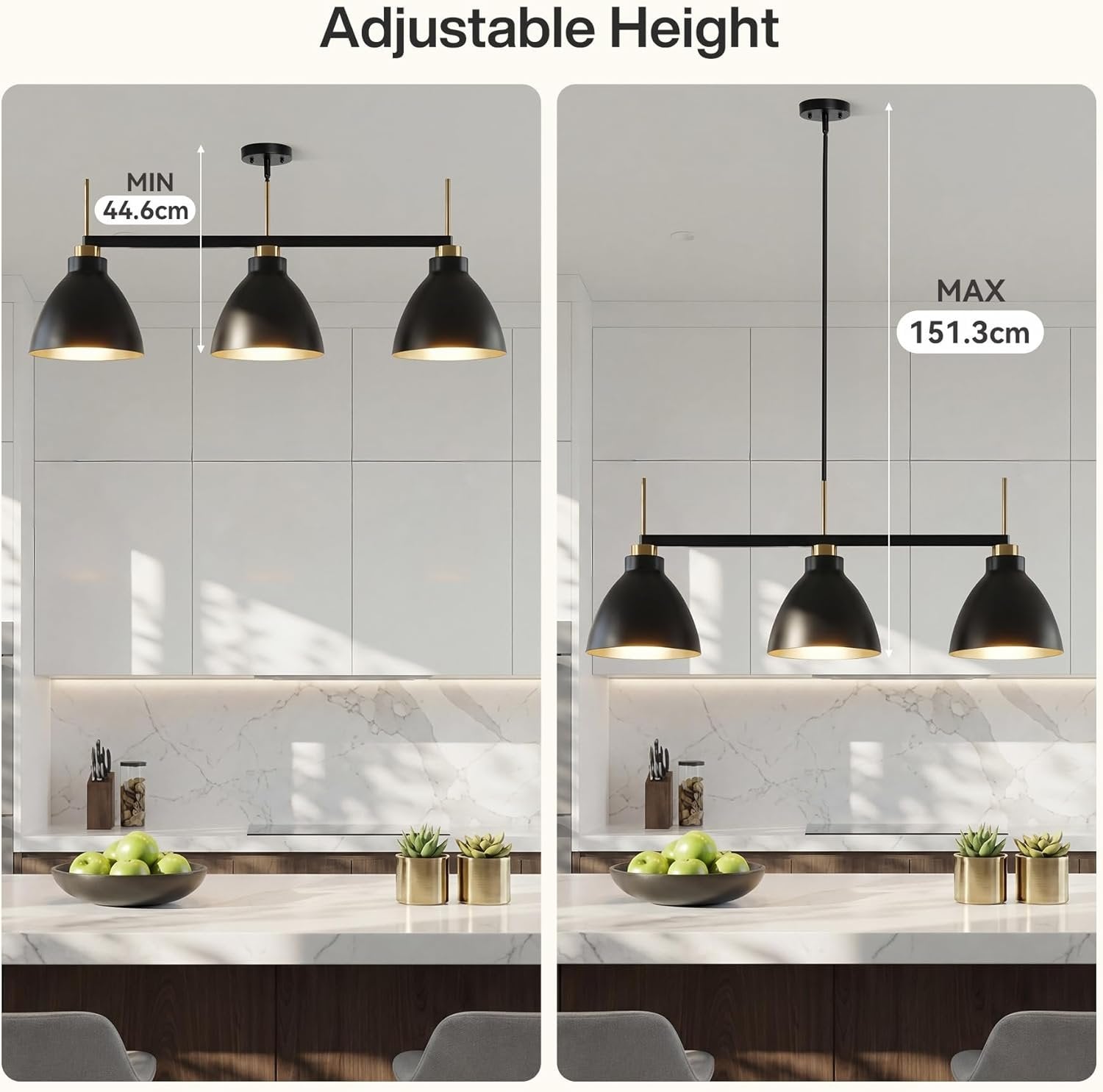 Lámpara colgante vintage de 3 luces para mesa de comedor, Lámpara colgante de estilo industrial en negro y dorado con varillas ajustables