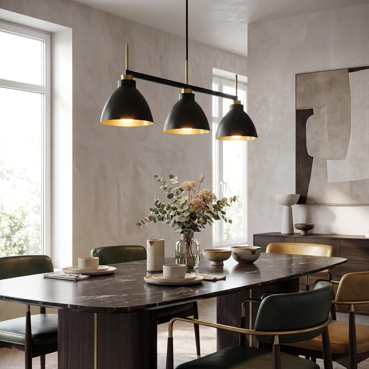 Lámpara colgante vintage de 3 luces para mesa de comedor, Lámpara colgante de estilo industrial en negro y dorado con varillas ajustables