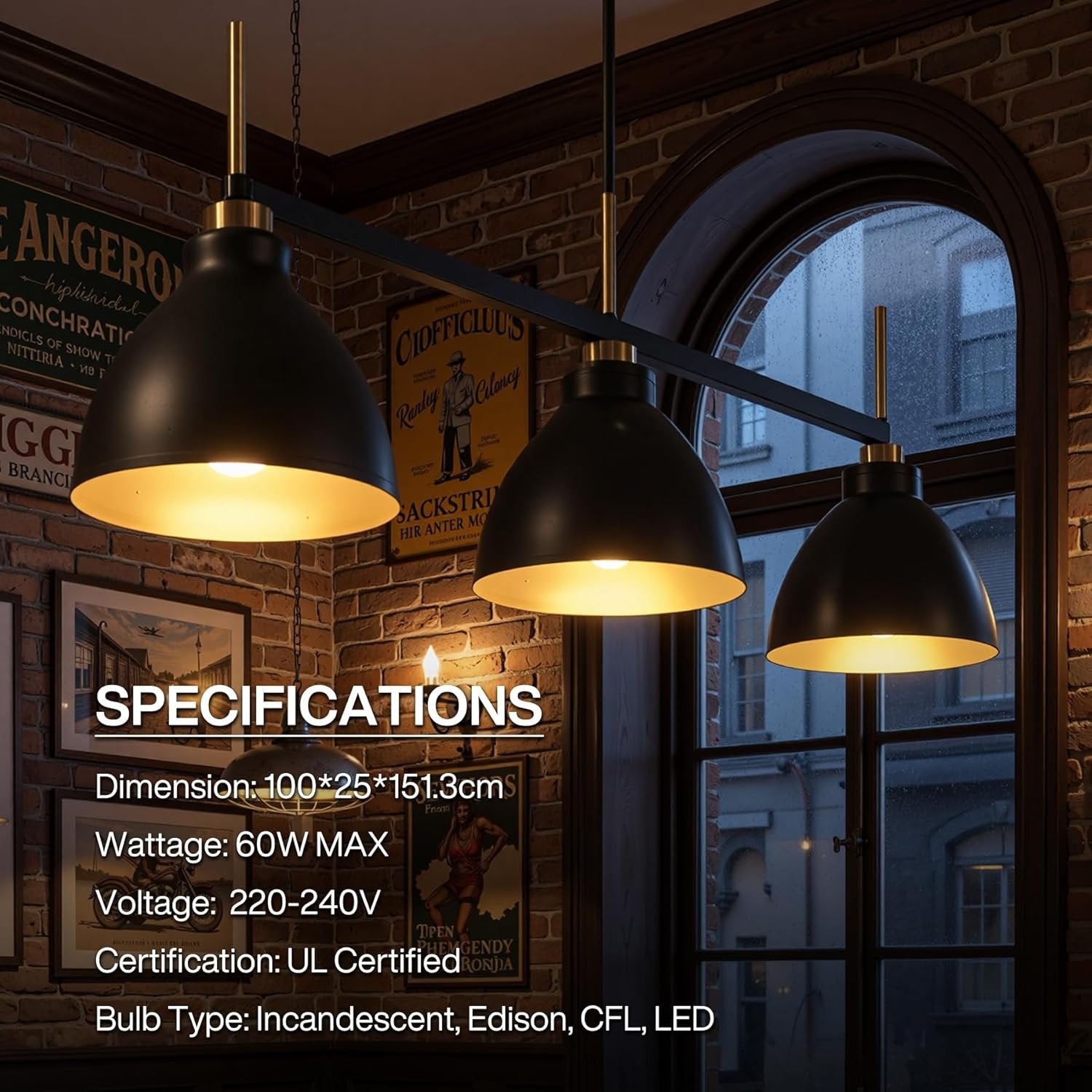 Lámpara colgante vintage de 3 luces para mesa de comedor, Lámpara colgante de estilo industrial en negro y dorado con varillas ajustables