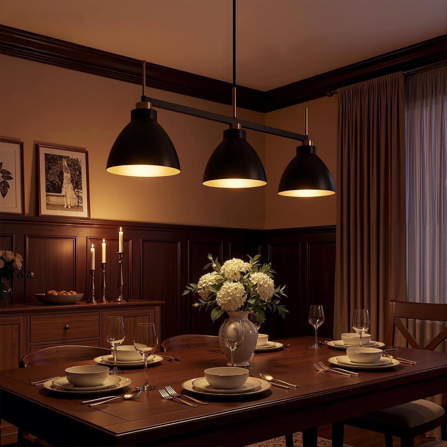 Lámpara colgante vintage de 3 luces para mesa de comedor, Lámpara colgante de estilo industrial en negro y dorado con varillas ajustables
