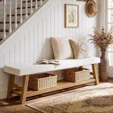 Banco tapizado para zapatos de 140 cm, Banco de 2 niveles con almacenamiento, banco lateral de madera maciza, estilo rústico, blanco y marrón 3