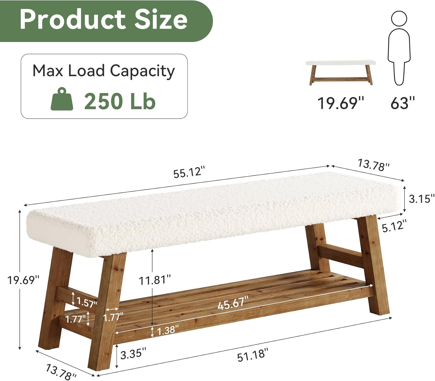 Banco tapizado para zapatos de 140 cm, Banco de 2 niveles con almacenamiento, banco lateral de madera maciza, estilo rústico, blanco y marrón