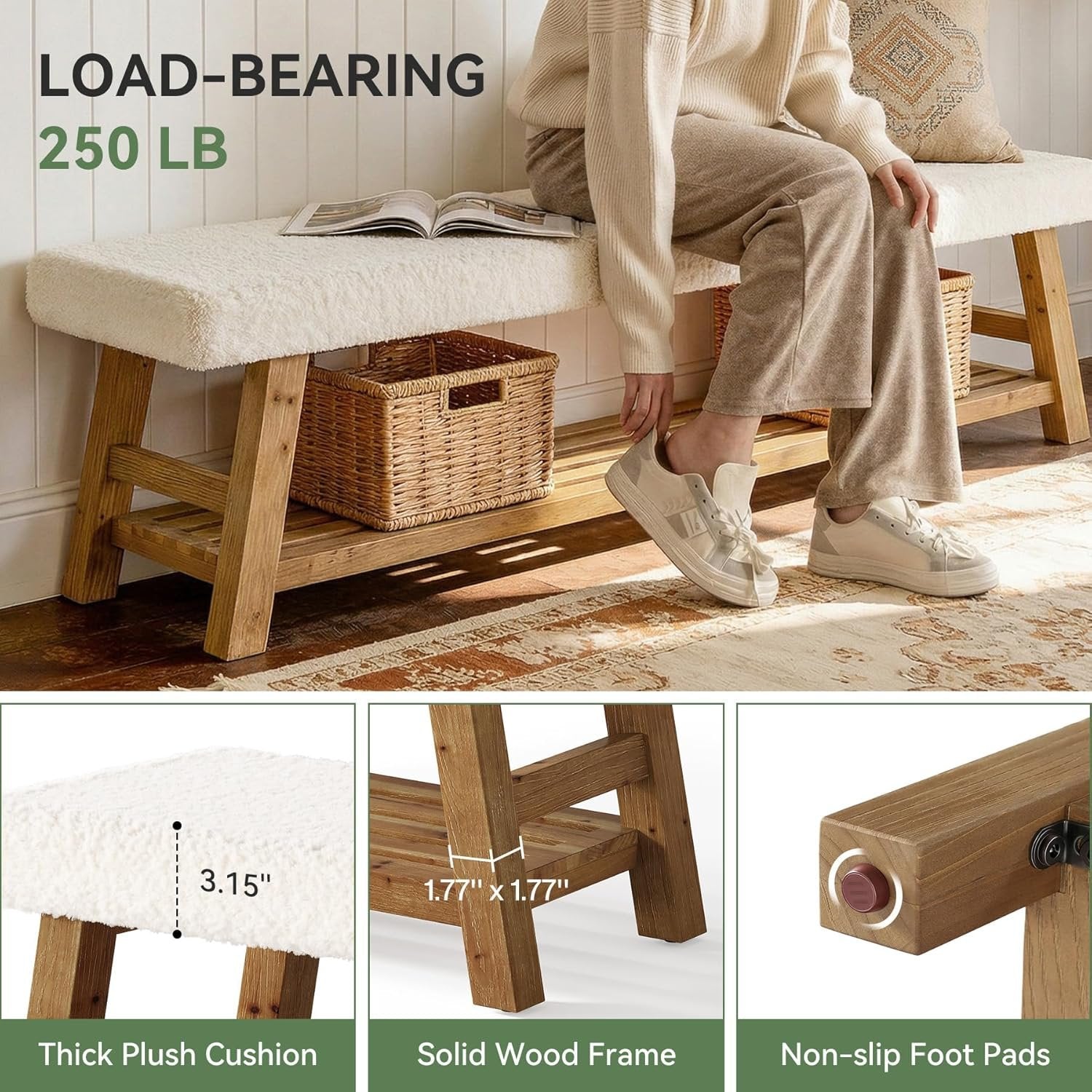 Banco tapizado para zapatos de 140 cm, Banco de 2 niveles con almacenamiento, banco lateral de madera maciza, estilo rústico, blanco y marrón