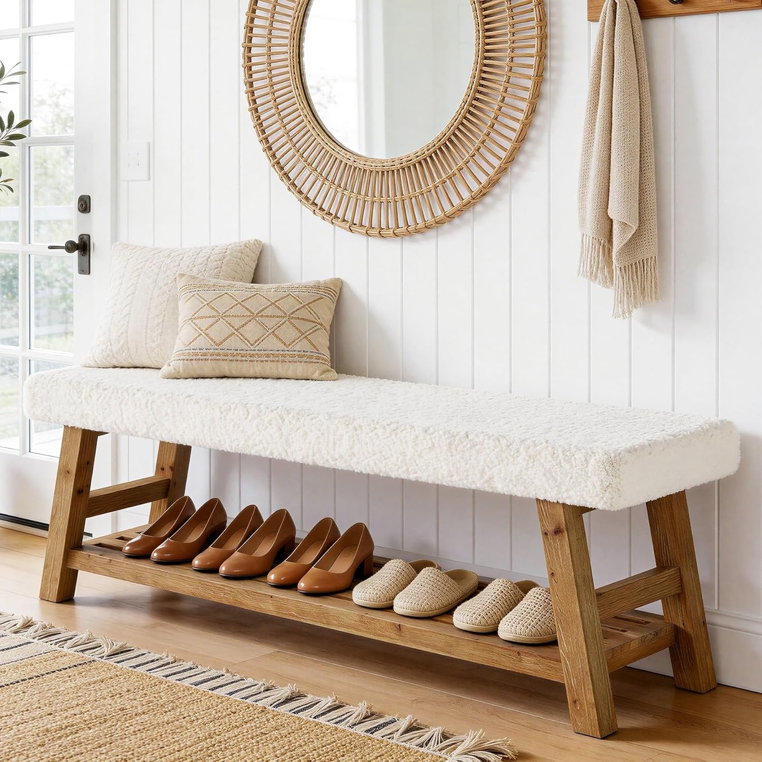Banco tapizado para zapatos de 140 cm, Banco de 2 niveles con almacenamiento, banco lateral de madera maciza, estilo rústico, blanco y marrón