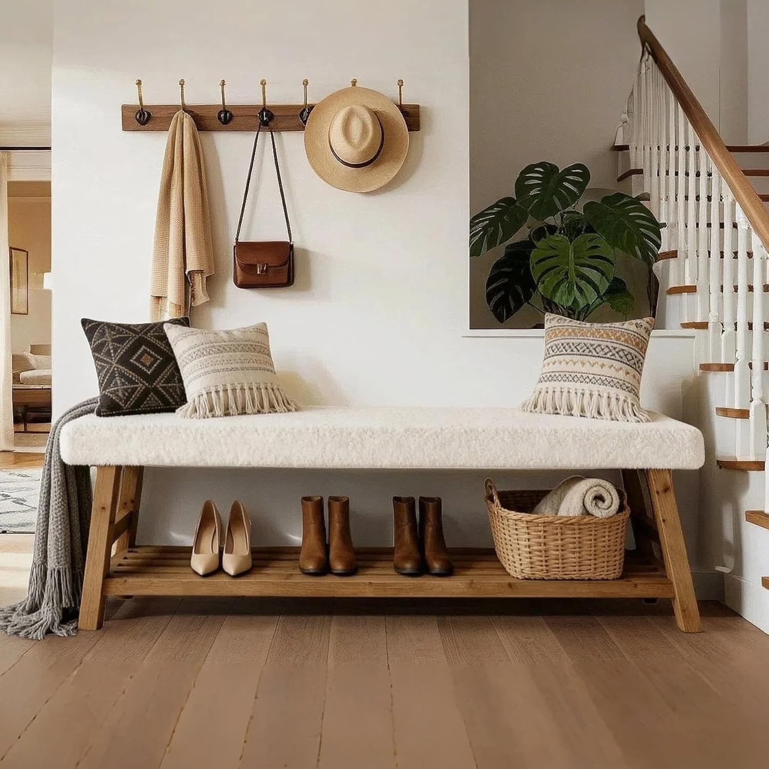 Banco tapizado para zapatos de 140 cm, Banco de 2 niveles con almacenamiento, banco lateral de madera maciza, estilo rústico, blanco y marrón