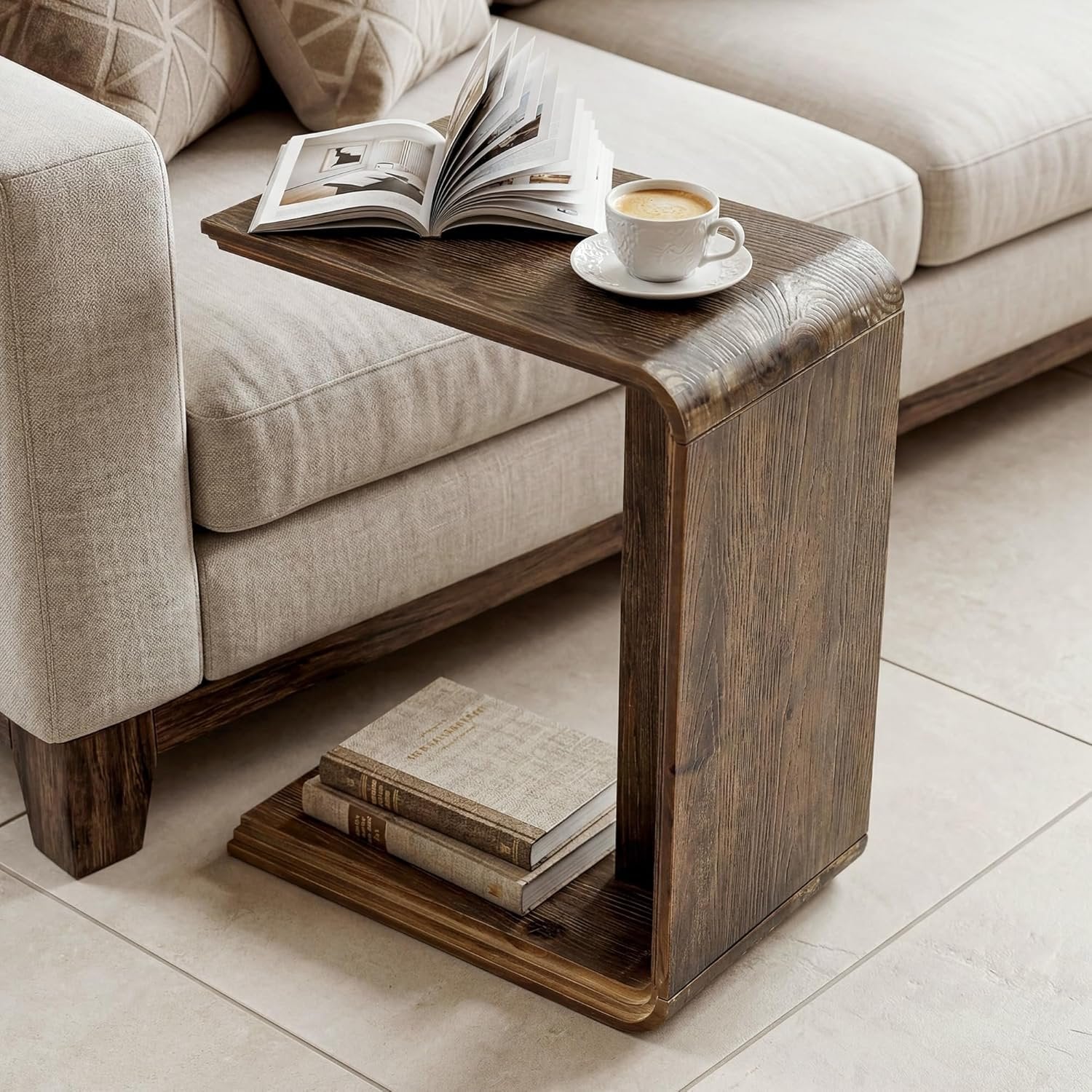 Mesita auxiliar de madera maciza en forma de C, Mesa estrecha para sofá, ideal para salón y dormitorio, ahorra espacio, color marrón oscuro